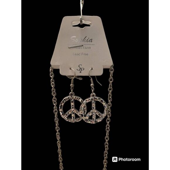 Sophia Collection Silver Tone Peace Sign Earrings & Necklace Set - Picture 2 of 3